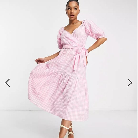 ASOS Pink Gingham Midi Dress - Picture 1 of 8
